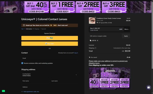 Unicoeye checkout page showing Unicoeye coupon code box | Screenshot taken by SimplyCodes community member on Sep 7, 2025