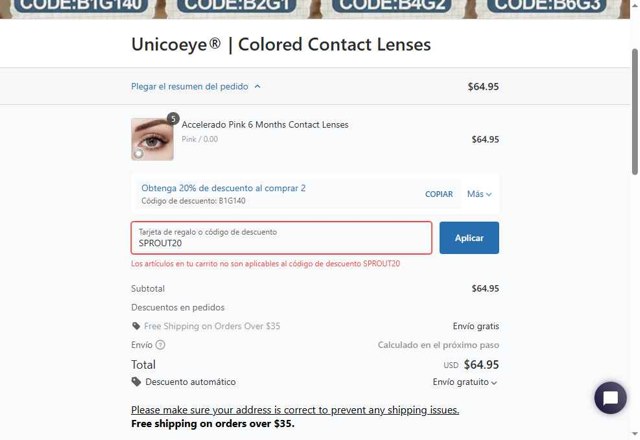 Unicoeye checkout page showing Unicoeye coupon code box | Screenshot taken by SimplyCodes community member on Aug 24, 2025