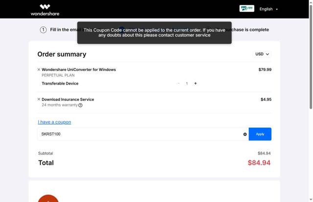 Wondershare UniConverter checkout page showing Wondershare UniConverter promo code box | Screenshot taken by SimplyCodes community member on Sep 2, 2025