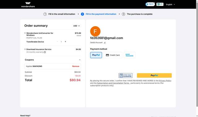 Wondershare UniConverter checkout page showing Wondershare UniConverter promo code box | Screenshot taken by SimplyCodes community member on May 14, 2025