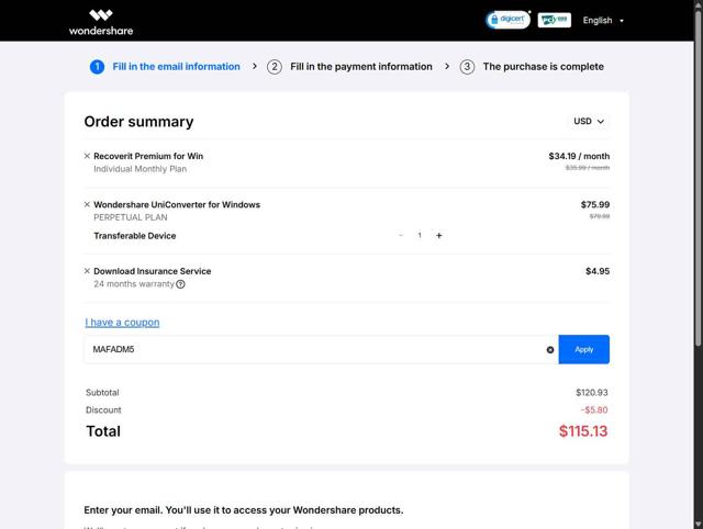 Wondershare UniConverter checkout page showing Wondershare UniConverter promo code box | Screenshot taken by SimplyCodes community member on May 14, 2025