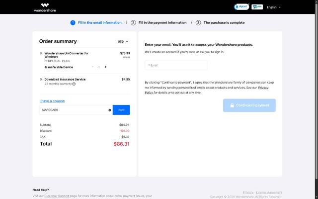 Wondershare UniConverter checkout page showing Wondershare UniConverter promo code box | Screenshot taken by SimplyCodes community member on May 4, 2025