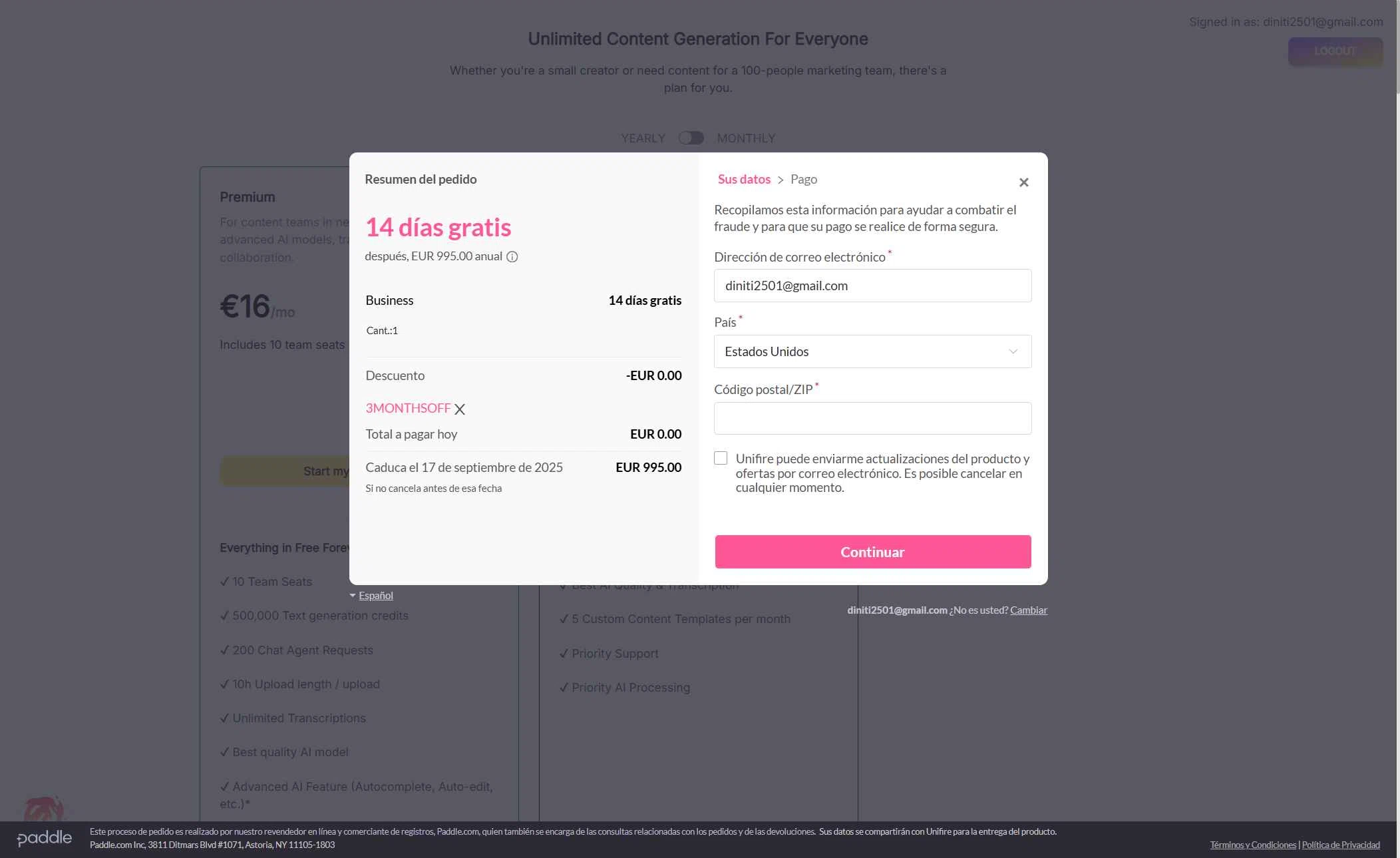 Unifire.ai checkout page showing Unifire.ai promo code box | Screenshot taken by SimplyCodes community member on Sep 3, 2025