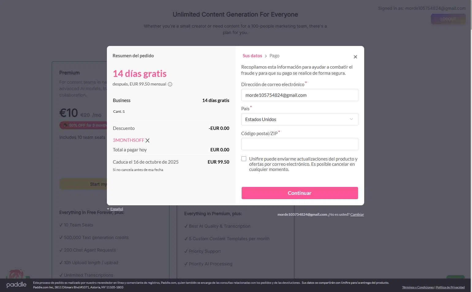 Unifire.ai checkout page showing Unifire.ai promo code box | Screenshot taken by SimplyCodes community member on Oct 2, 2025
