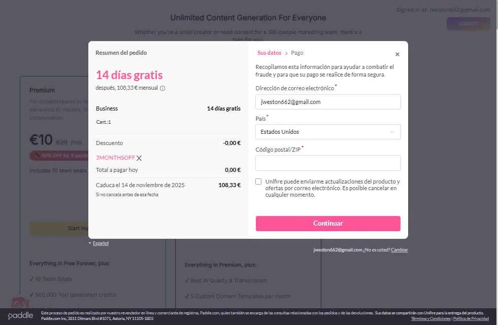 Unifire.ai checkout page showing Unifire.ai promo code box | Screenshot taken by SimplyCodes community member on Oct 31, 2025