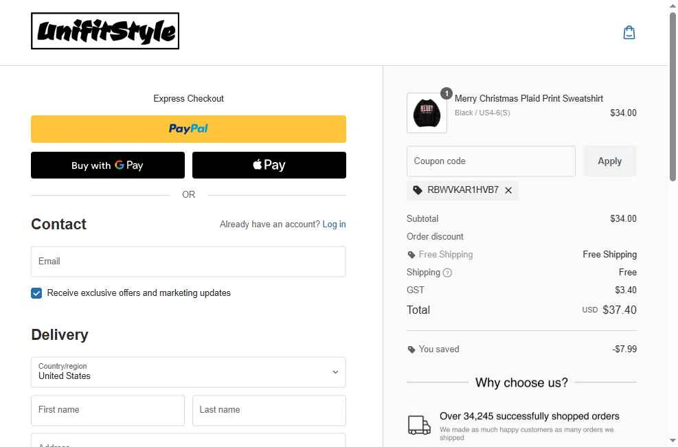 UnifitStyle checkout page showing UnifitStyle coupon code box | Screenshot taken by SimplyCodes community member on Nov 25, 2025