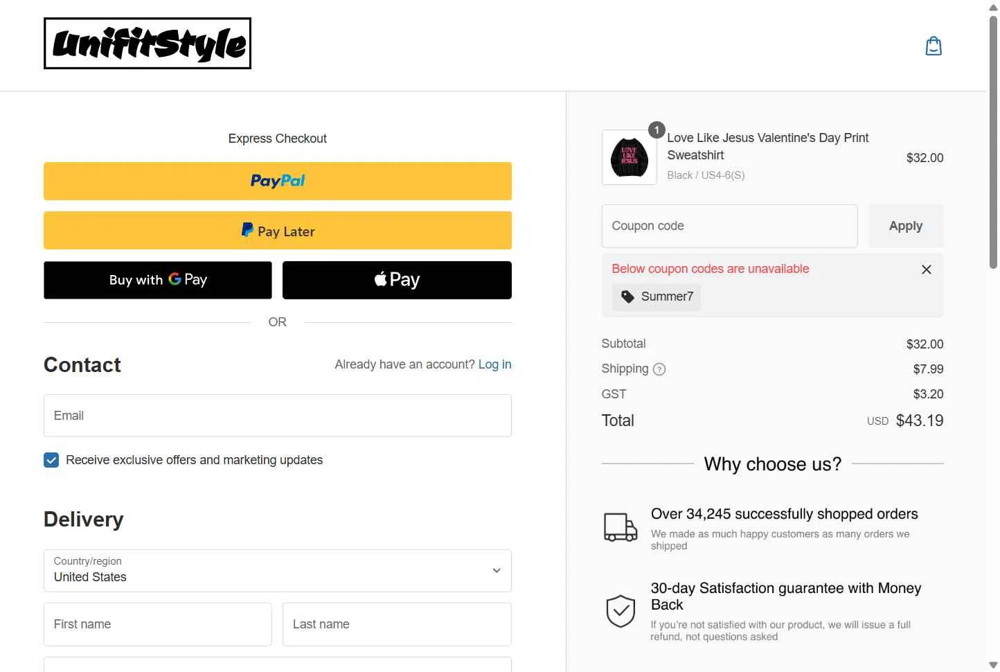 UnifitStyle checkout page showing UnifitStyle coupon code box | Screenshot taken by SimplyCodes community member on Jan 14, 2026