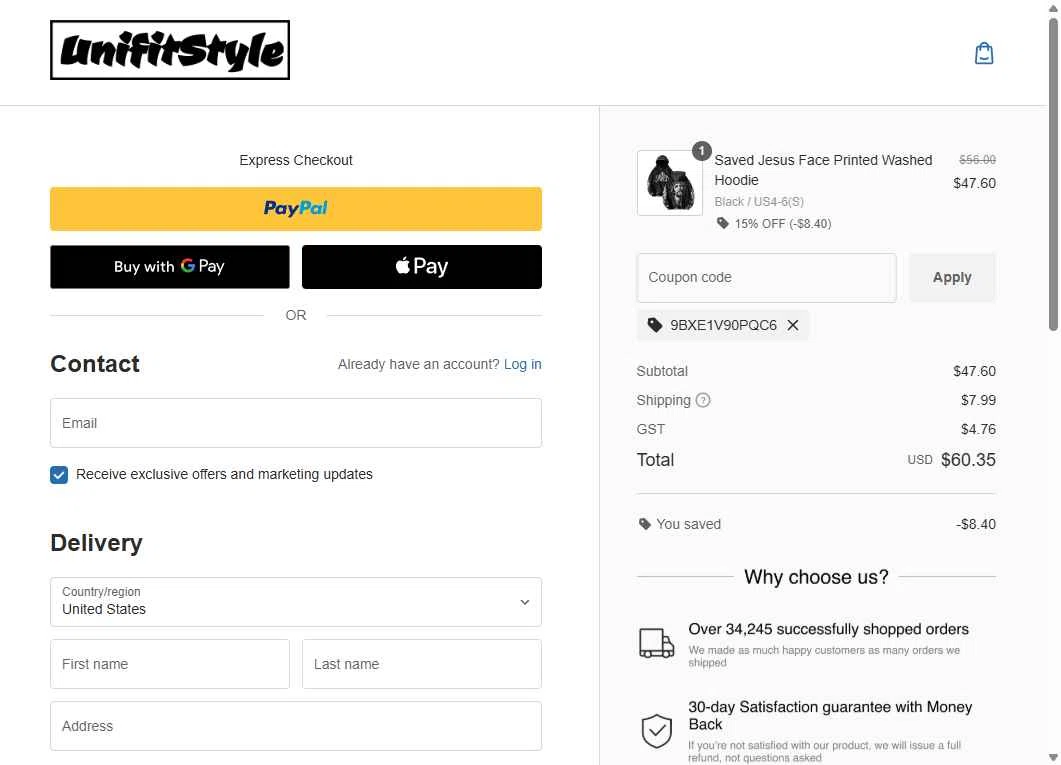 UnifitStyle checkout page showing UnifitStyle coupon code box | Screenshot taken by SimplyCodes community member on Nov 17, 2025