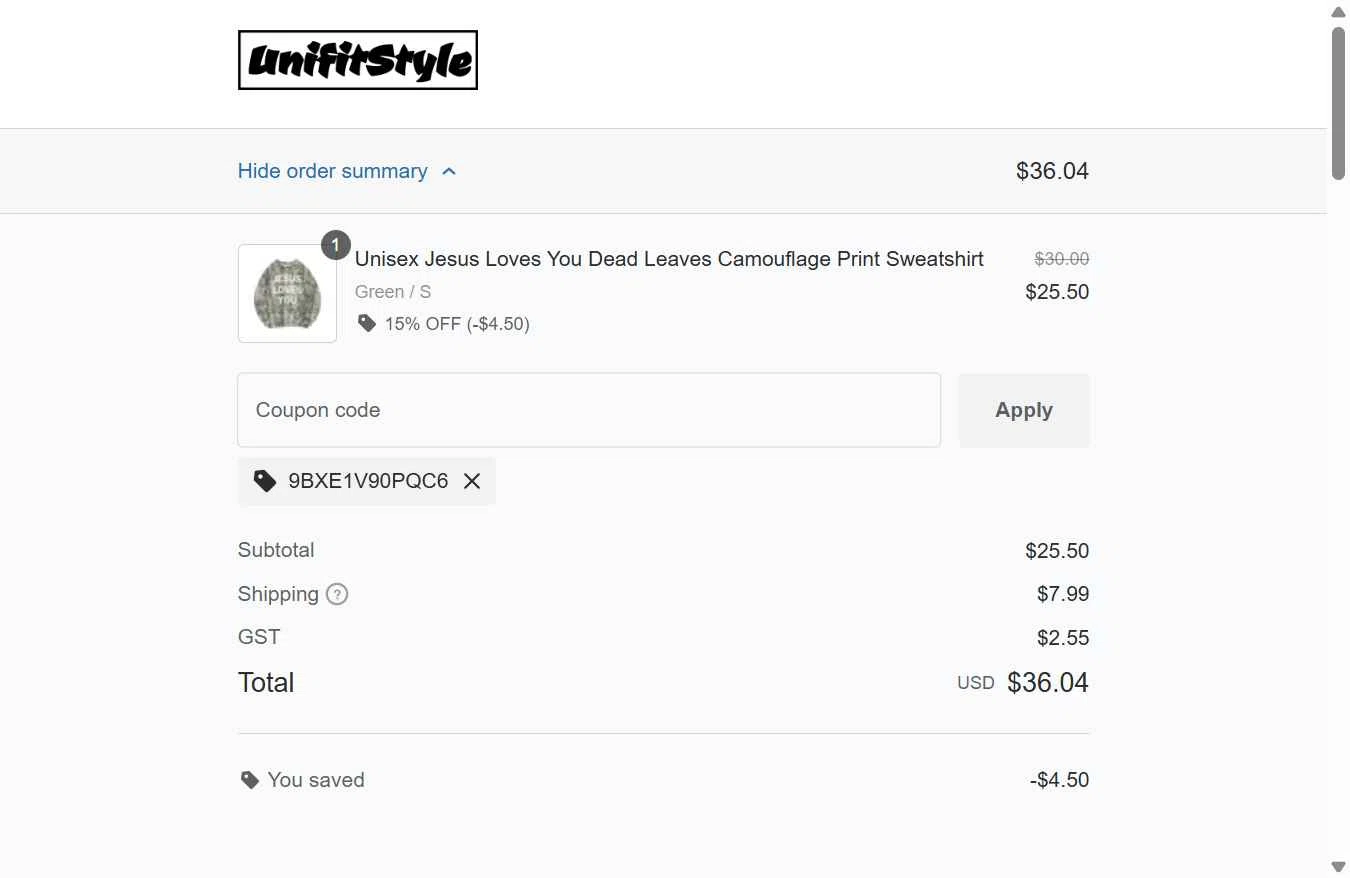 UnifitStyle checkout page showing UnifitStyle coupon code box | Screenshot taken by SimplyCodes community member on Oct 19, 2025
