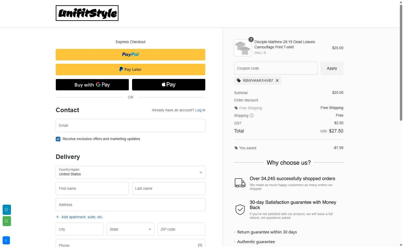 UnifitStyle checkout page showing UnifitStyle coupon code box | Screenshot taken by SimplyCodes community member on Nov 25, 2025