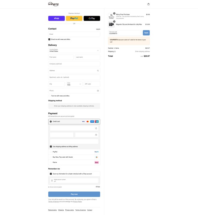 Unihertz checkout page showing Unihertz discount code box | Screenshot taken by SimplyCodes community member on Sep 3, 2025