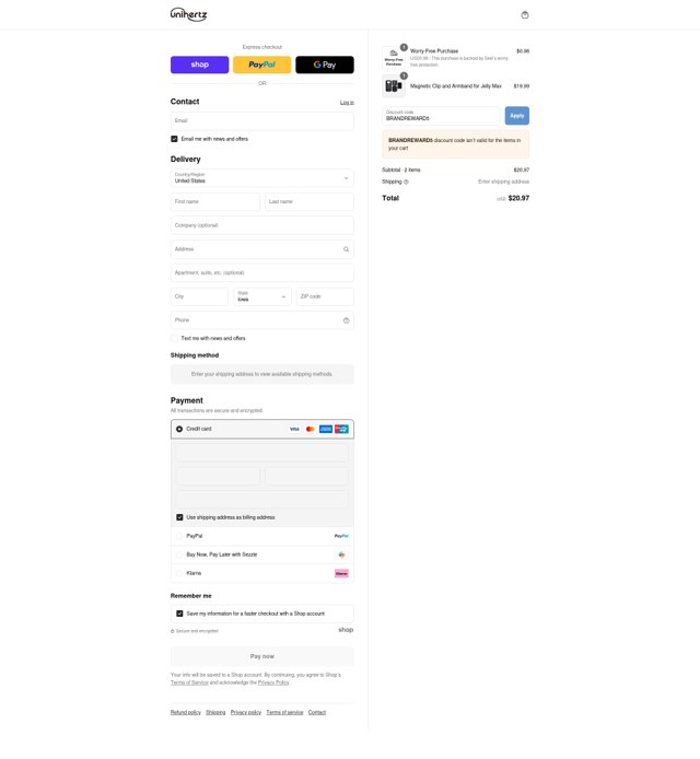Unihertz checkout page showing Unihertz discount code box | Screenshot taken by SimplyCodes community member on Sep 3, 2025