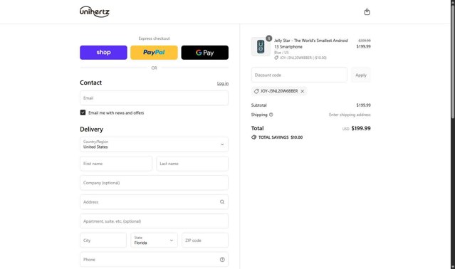 Unihertz checkout page showing Unihertz discount code box | Screenshot taken by SimplyCodes community member on Sep 1, 2025