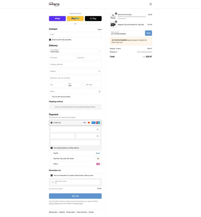 Unihertz checkout page showing Unihertz discount code box | Screenshot taken by SimplyCodes community member on Sep 3, 2025