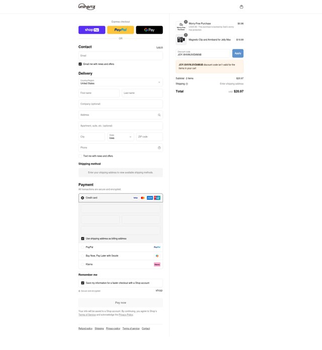 Unihertz checkout page showing Unihertz discount code box | Screenshot taken by SimplyCodes community member on Aug 26, 2025