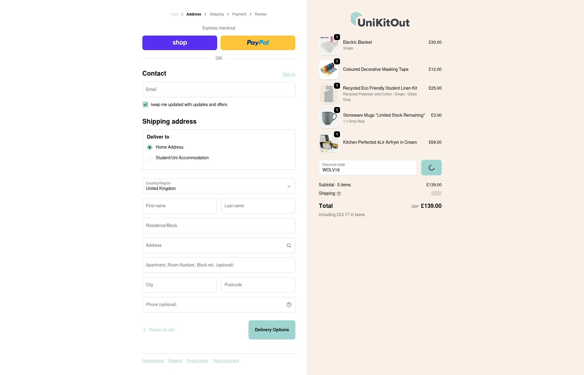 UniKitOut checkout page showing UniKitOut discount code box | Screenshot taken by SimplyCodes community member on Jan 8, 2026