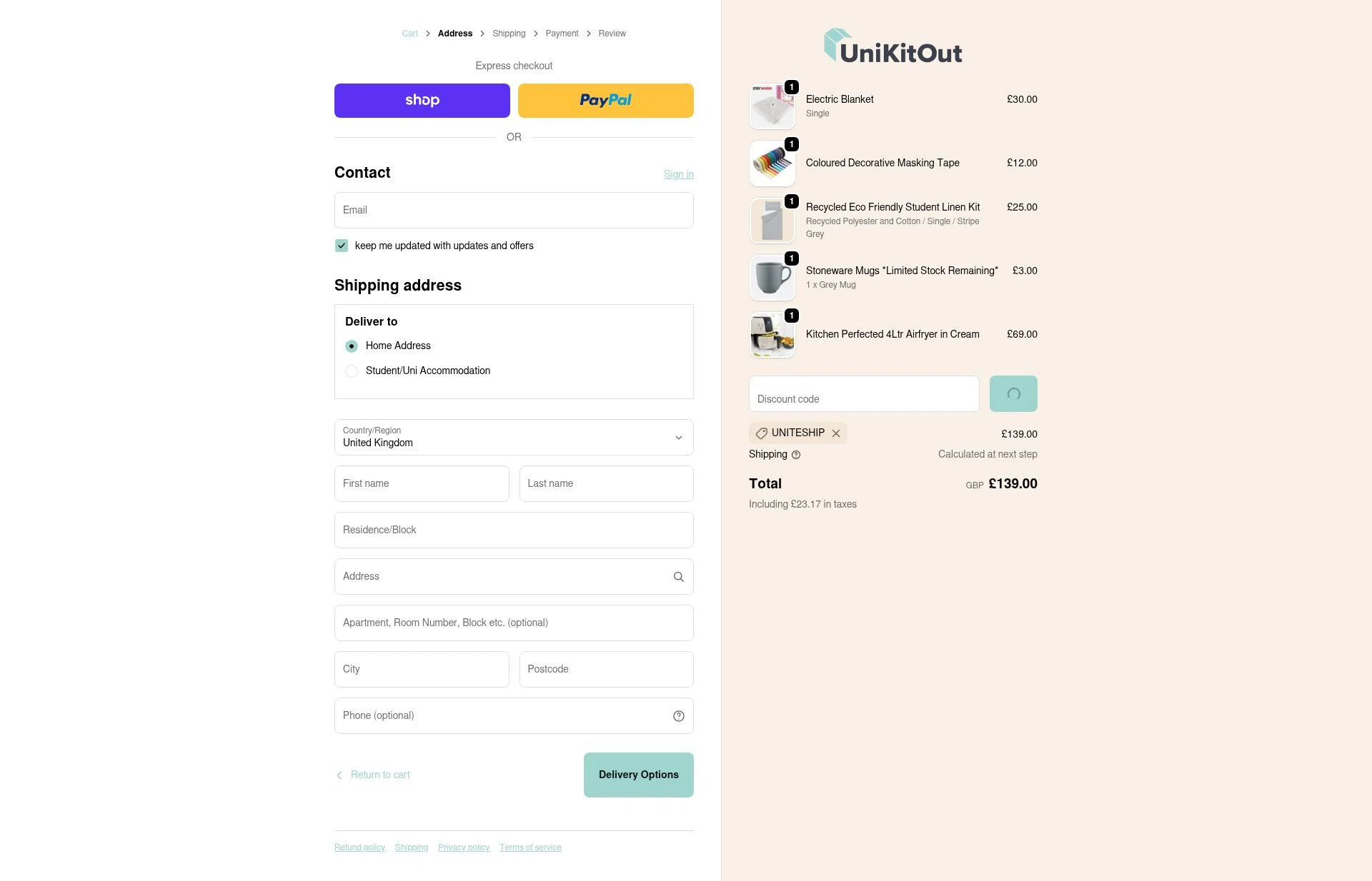 UniKitOut checkout page showing UniKitOut discount code box | Screenshot taken by SimplyCodes community member on Jan 8, 2026