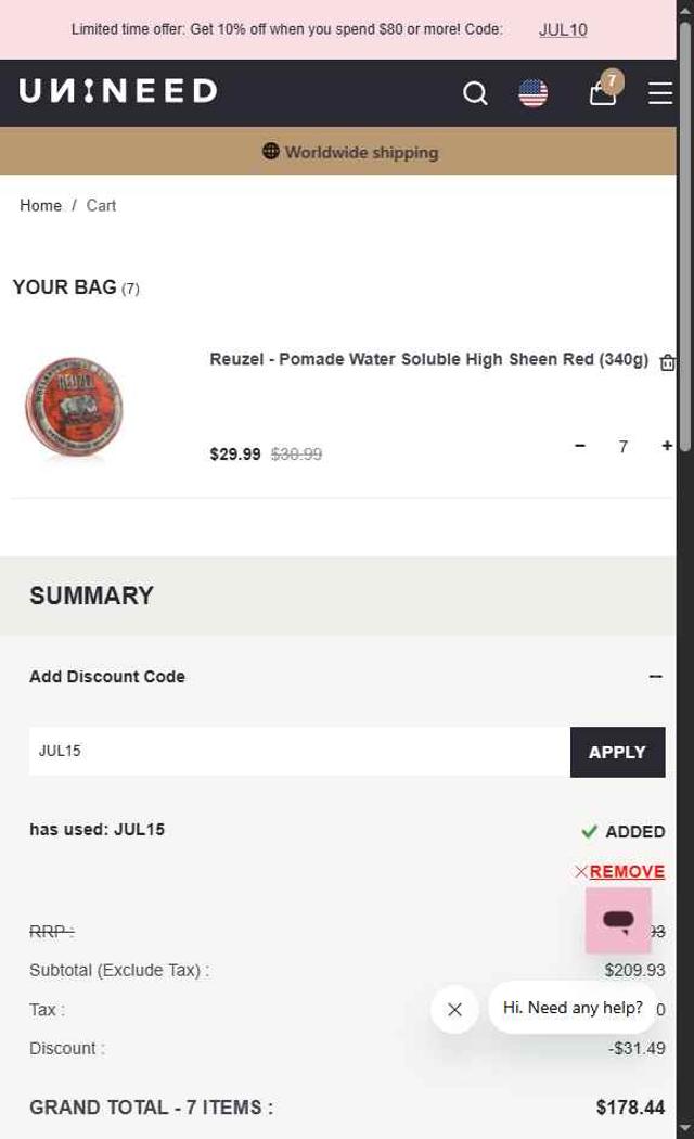 Unineed checkout page showing Unineed discount code box | Screenshot taken by SimplyCodes community member on Aug 13, 2025