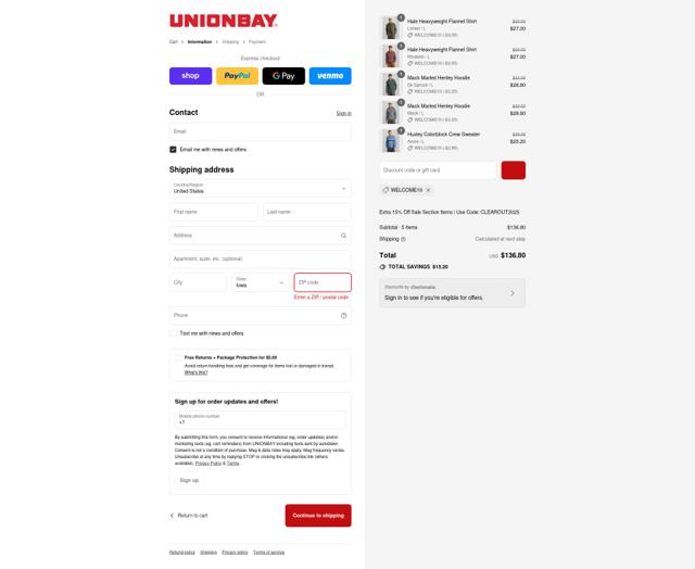 Unionbay checkout page showing Unionbay coupon code box | Screenshot taken by SimplyCodes community member on Sep 14, 2025
