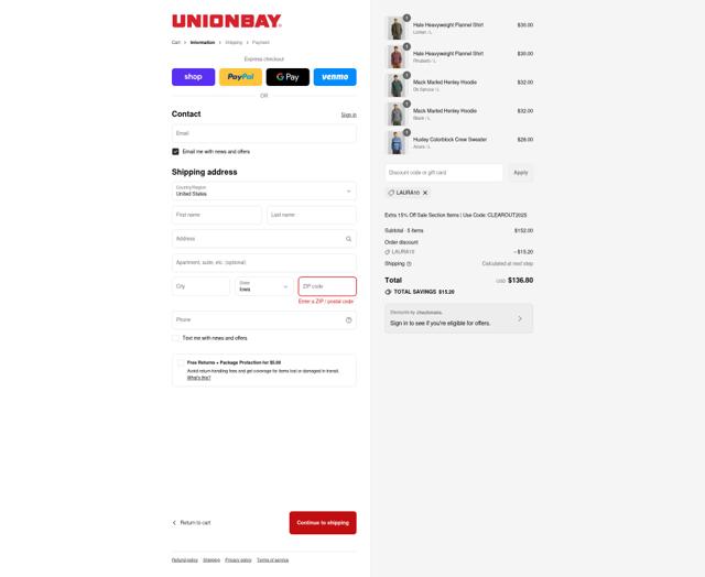 Unionbay checkout page showing Unionbay coupon code box | Screenshot taken by SimplyCodes community member on Sep 14, 2025