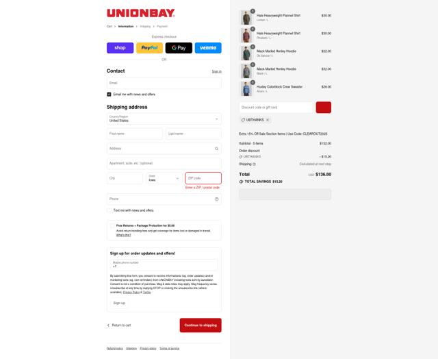 Unionbay checkout page showing Unionbay coupon code box | Screenshot taken by SimplyCodes community member on Sep 14, 2025