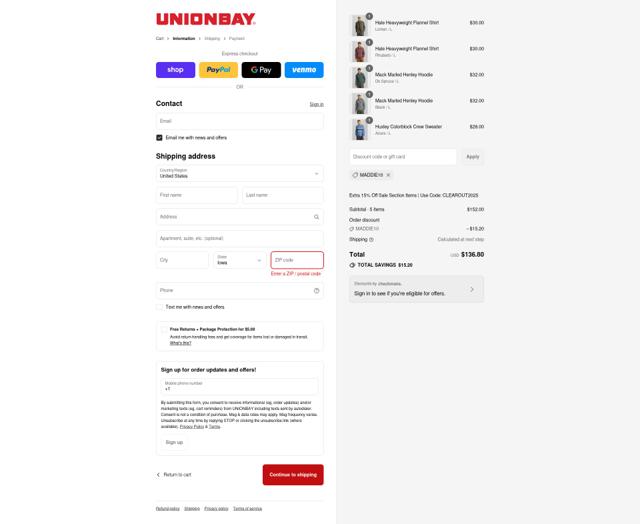 Unionbay checkout page showing Unionbay coupon code box | Screenshot taken by SimplyCodes community member on Sep 14, 2025
