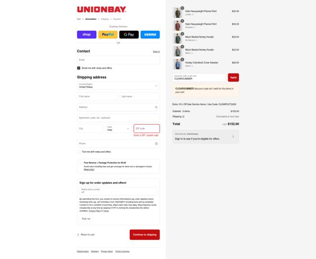 Unionbay checkout page showing Unionbay coupon code box | Screenshot taken by SimplyCodes community member on Sep 14, 2025