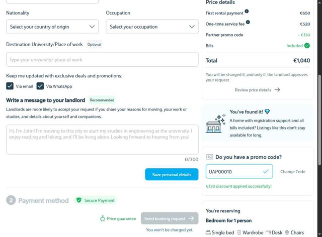Uniplaces checkout page showing Uniplaces promo code box | Screenshot taken by SimplyCodes community member on Aug 3, 2025