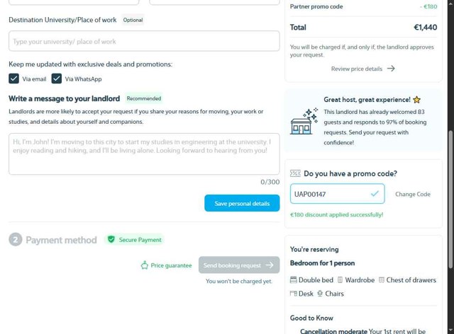 Uniplaces checkout page showing Uniplaces promo code box | Screenshot taken by SimplyCodes community member on Jul 8, 2025