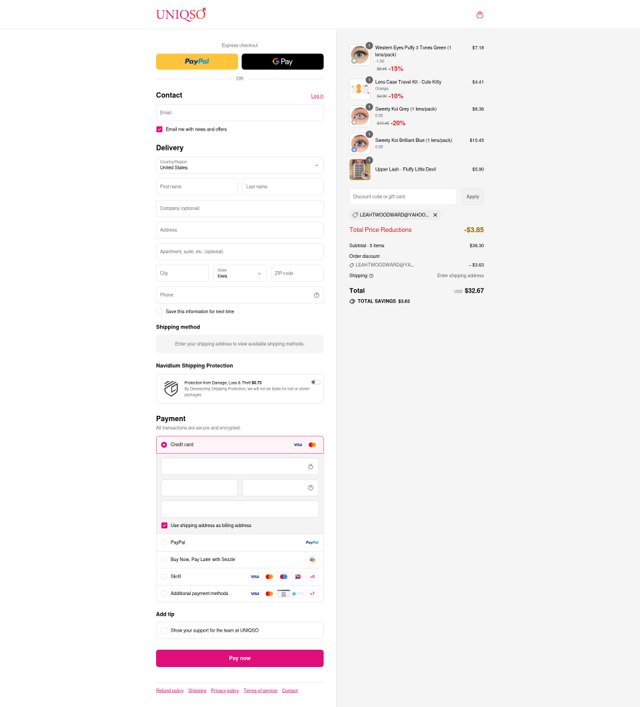 UNIQSO checkout page showing UNIQSO discount code box | Screenshot taken by SimplyCodes community member on Sep 5, 2025