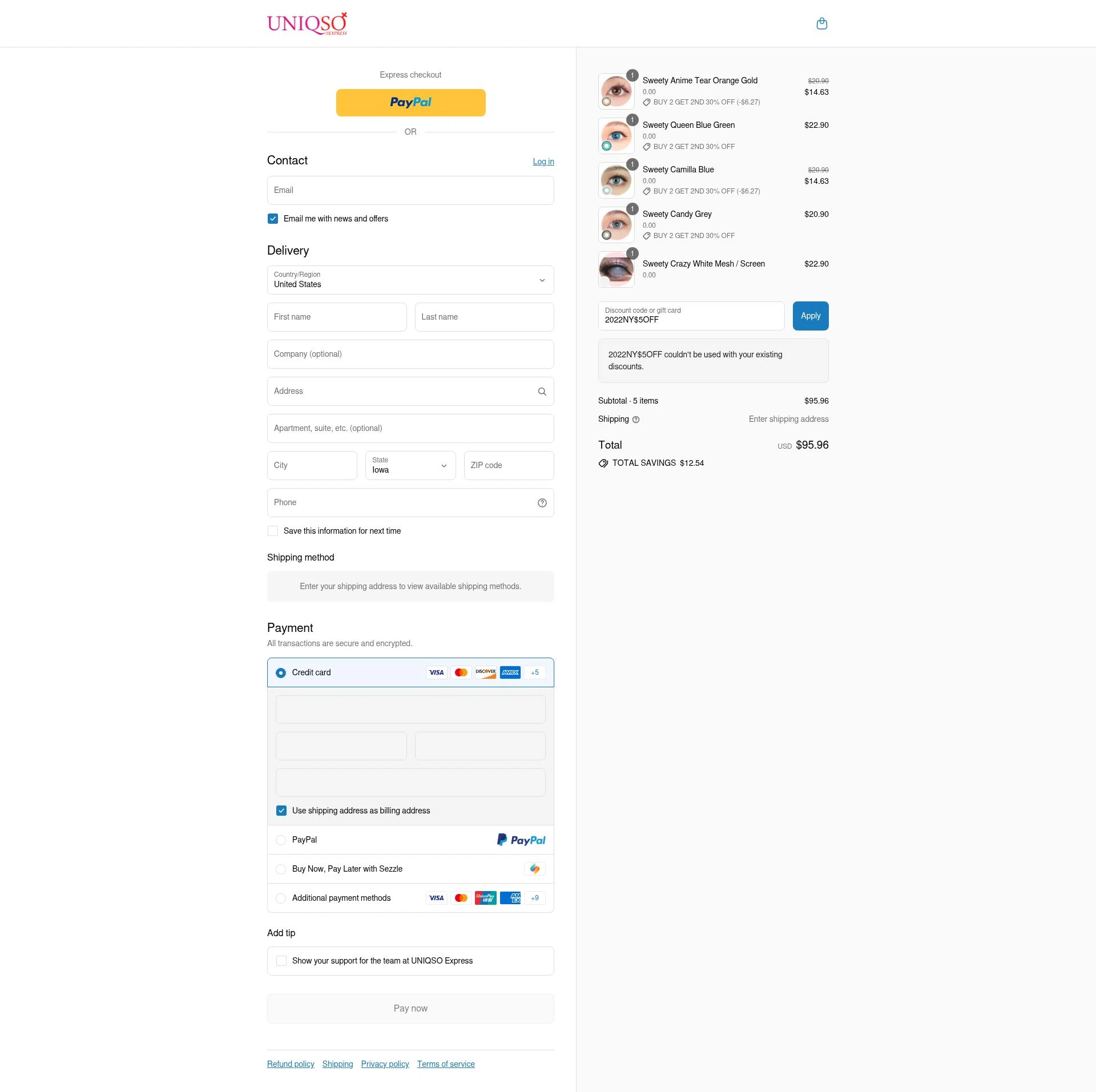 UNIQSO Express checkout page showing UNIQSO Express discount code box | Screenshot taken by SimplyCodes community member on Aug 12, 2025