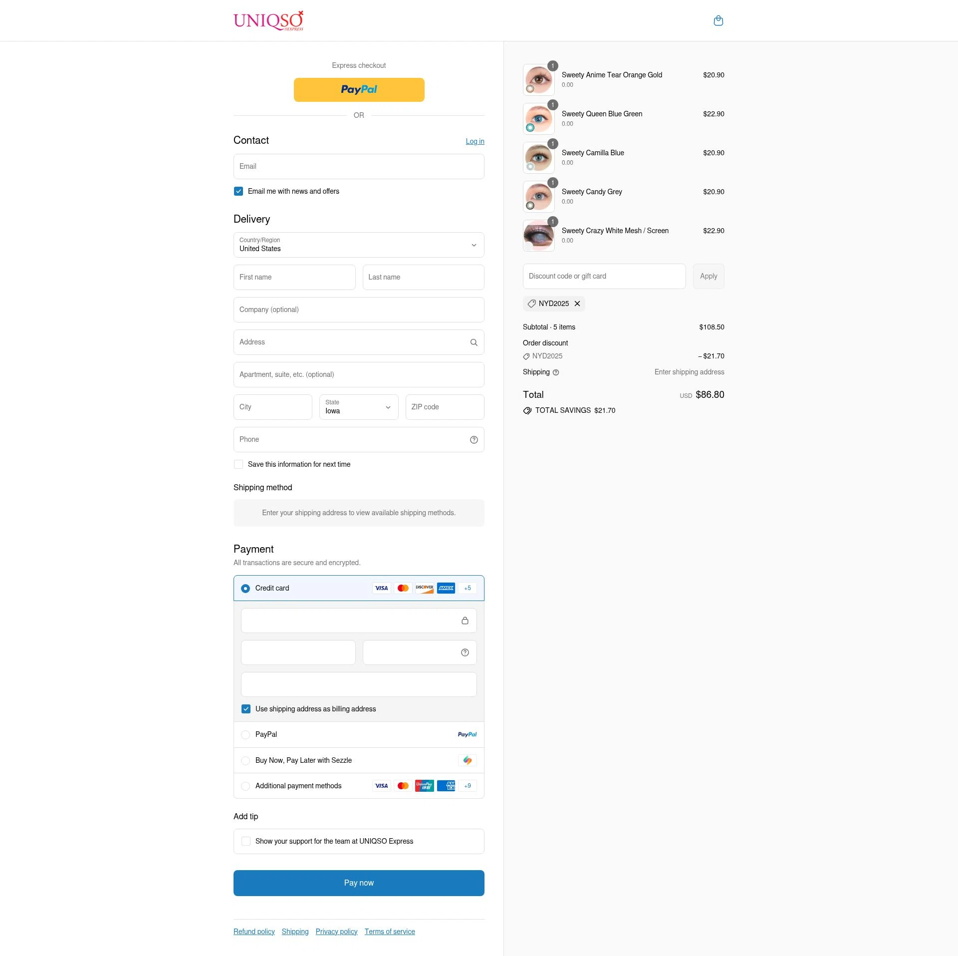 UNIQSO Express checkout page showing UNIQSO Express discount code box | Screenshot taken by SimplyCodes community member on Aug 16, 2025