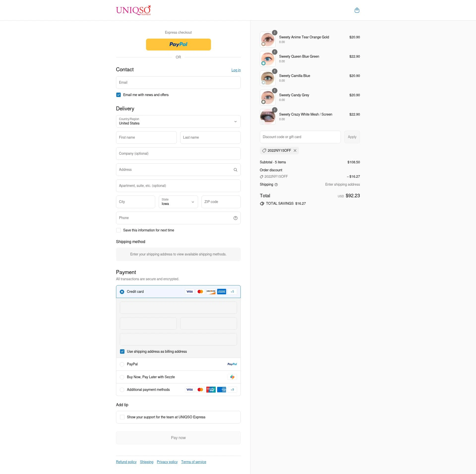 UNIQSO Express checkout page showing UNIQSO Express discount code box | Screenshot taken by SimplyCodes community member on Aug 16, 2025