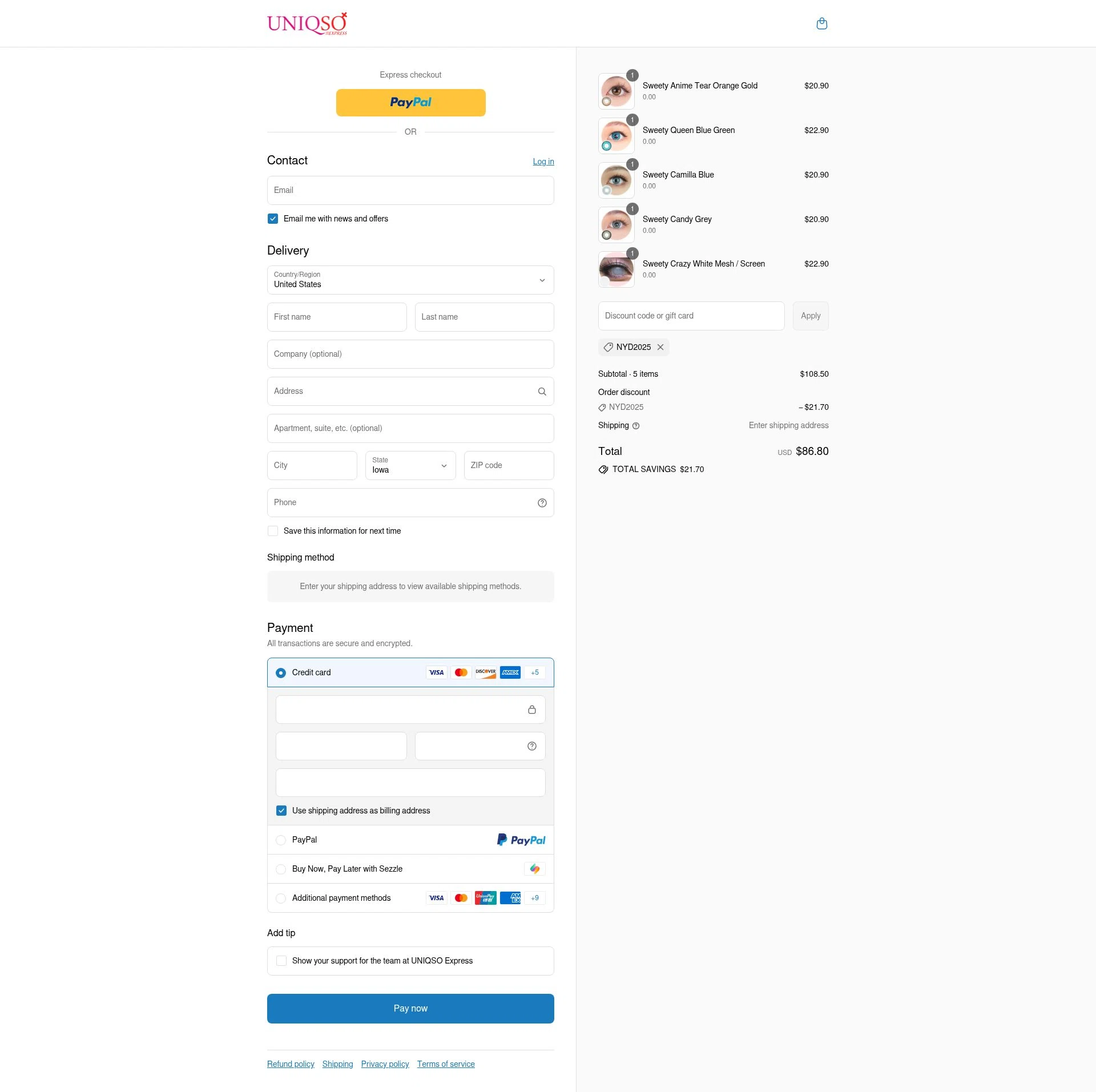 UNIQSO Express checkout page showing UNIQSO Express discount code box | Screenshot taken by SimplyCodes community member on Aug 12, 2025