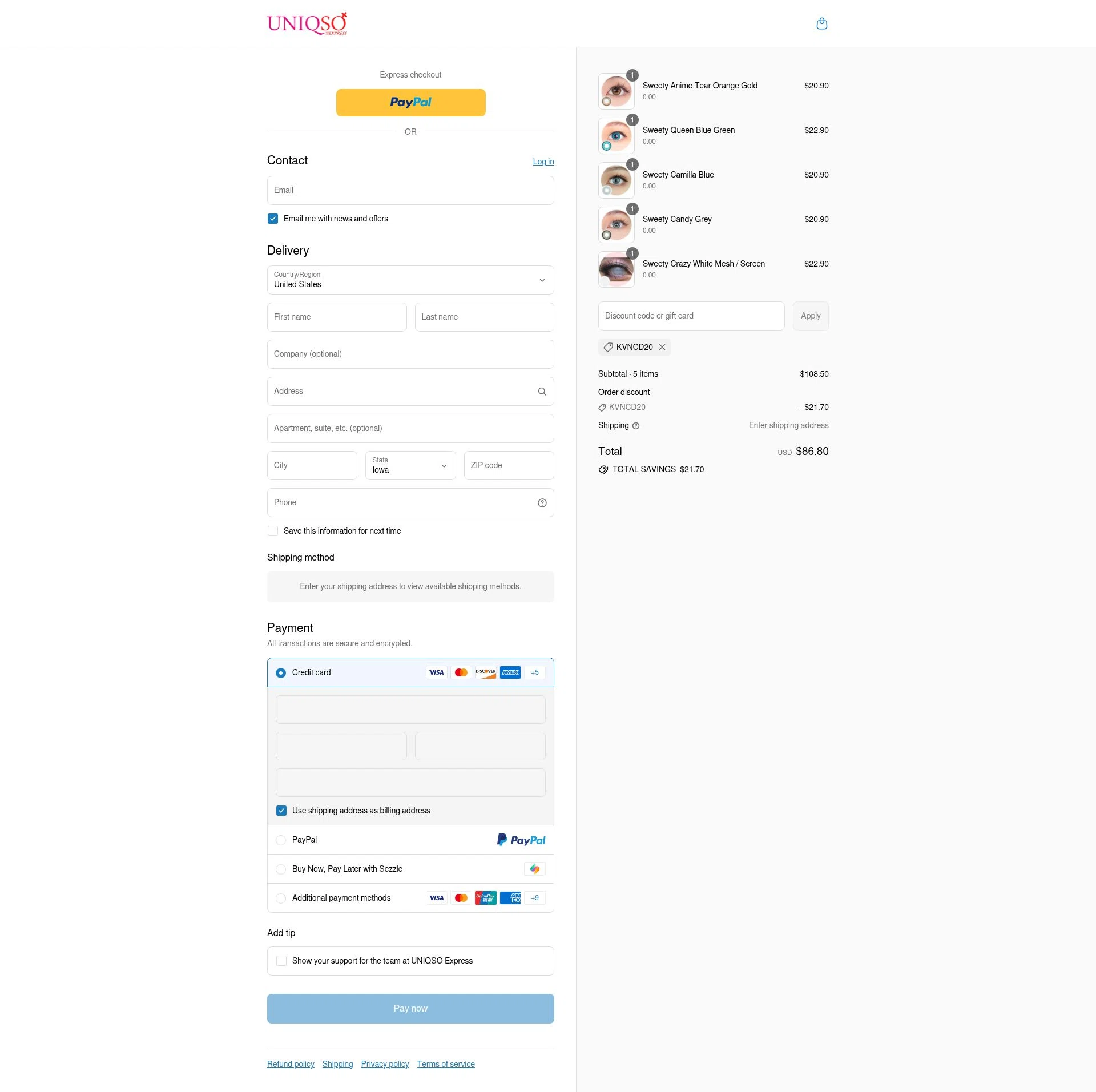 UNIQSO Express checkout page showing UNIQSO Express discount code box | Screenshot taken by SimplyCodes community member on Aug 12, 2025