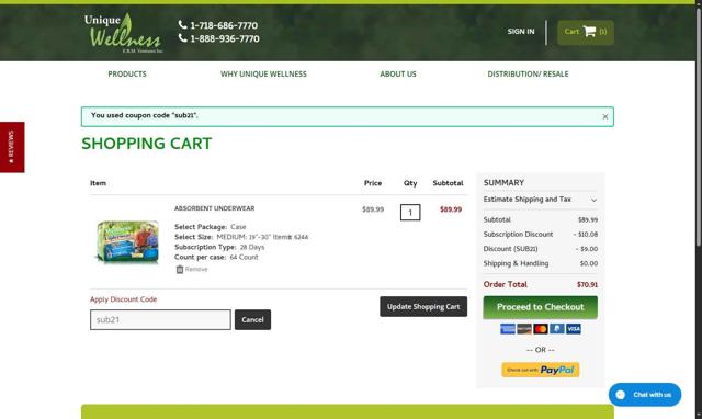 Unique Wellness checkout page showing Unique Wellness discount code box | Screenshot taken by SimplyCodes community member on Aug 6, 2025