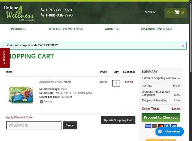Unique Wellness checkout page showing Unique Wellness discount code box | Screenshot taken by SimplyCodes community member on Aug 1, 2025