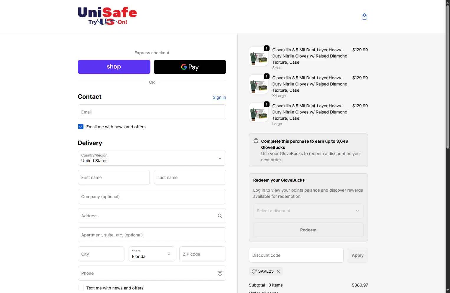 UniSafe Inc. checkout page showing UniSafe Inc. discount code box | Screenshot taken by SimplyCodes community member on Jan 5, 2026