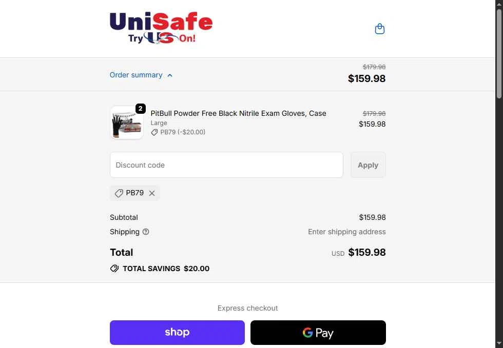 UniSafe Inc. checkout page showing UniSafe Inc. discount code box | Screenshot taken by SimplyCodes community member on Jan 19, 2026