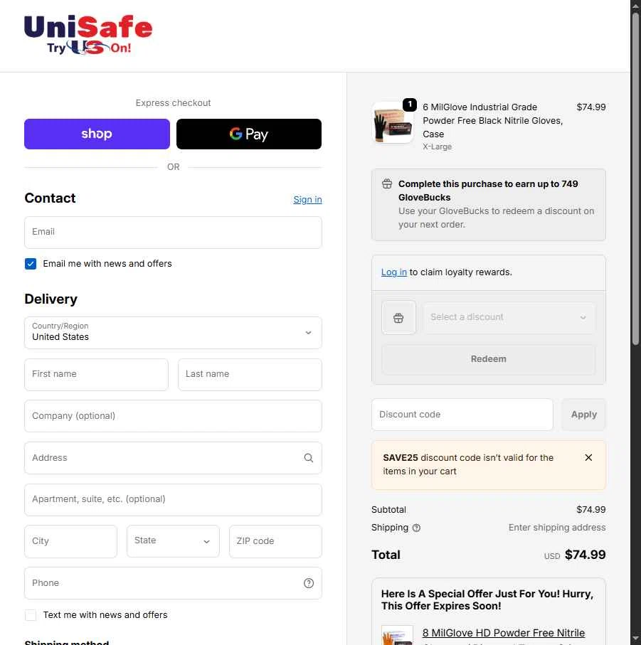 UniSafe Inc. checkout page showing UniSafe Inc. discount code box | Screenshot taken by SimplyCodes community member on Feb 23, 2026