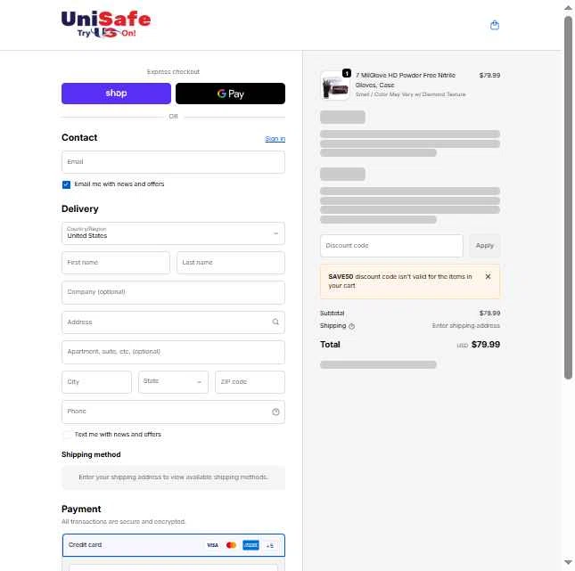 UniSafe Inc. checkout page showing UniSafe Inc. discount code box | Screenshot taken by SimplyCodes community member on Feb 23, 2026