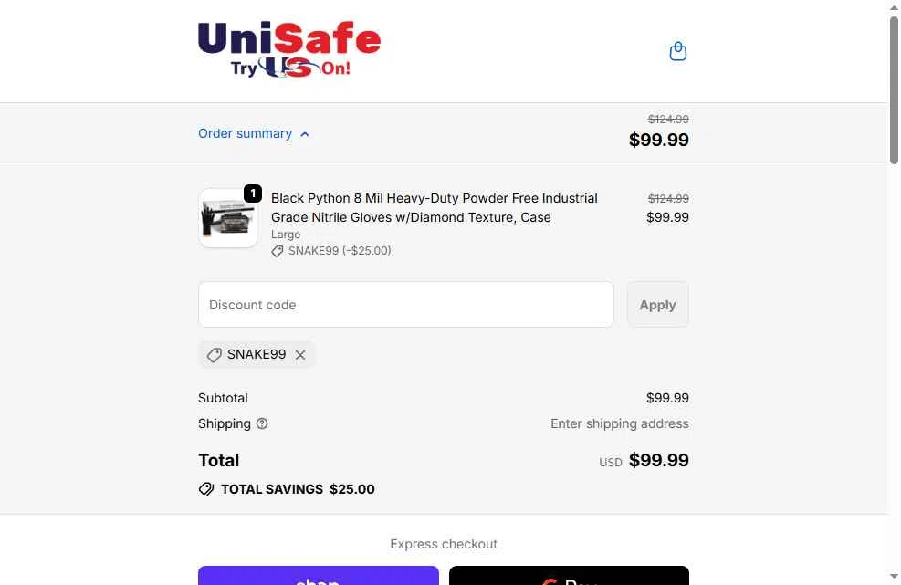 UniSafe Inc. checkout page showing UniSafe Inc. discount code box | Screenshot taken by SimplyCodes community member on Feb 8, 2026