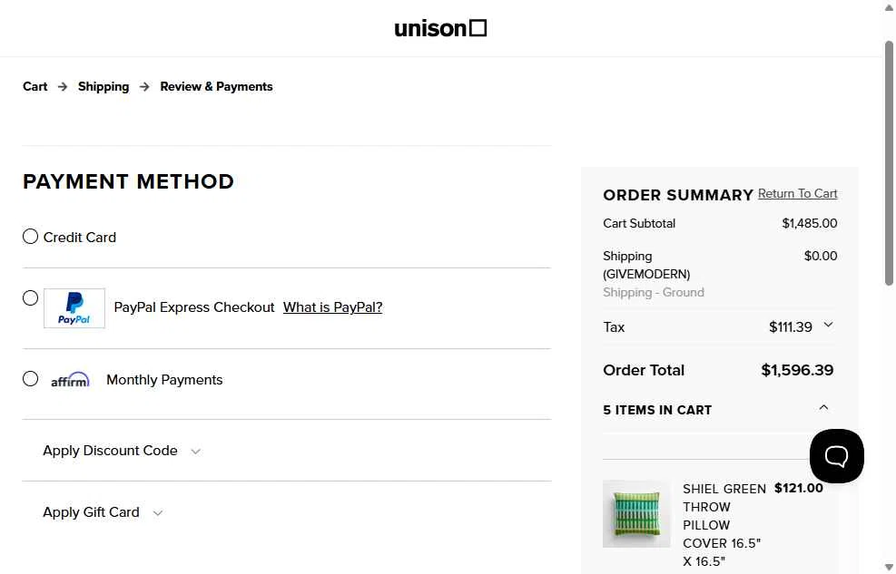 Unison checkout page showing Unison promo code box | Screenshot taken by SimplyCodes community member on Nov 17, 2025