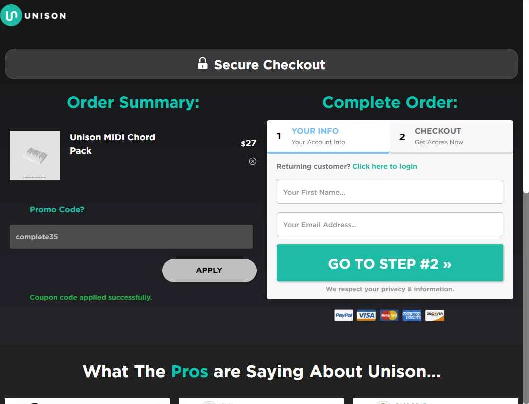Unison Audio checkout page showing Unison Audio promo code box | Screenshot taken by SimplyCodes community member on Feb 20, 2026