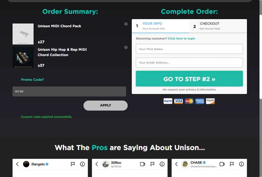 Unison Audio checkout page showing Unison Audio promo code box | Screenshot taken by SimplyCodes community member on Feb 20, 2026