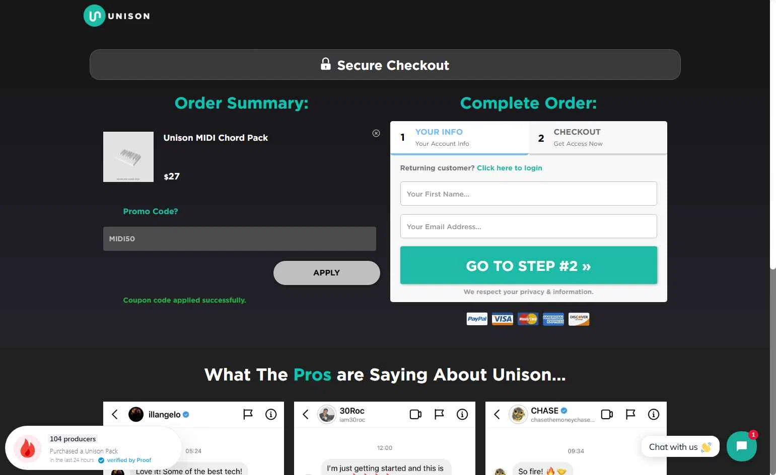 Unison Audio checkout page showing Unison Audio promo code box | Screenshot taken by SimplyCodes community member on Jan 4, 2026