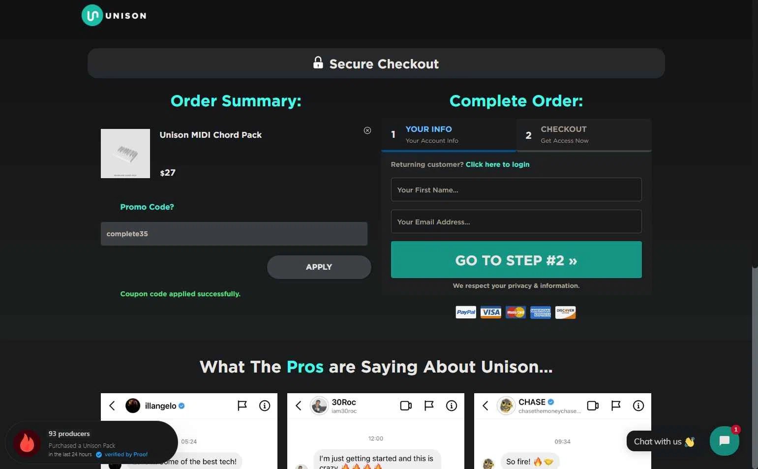 Unison Audio checkout page showing Unison Audio promo code box | Screenshot taken by SimplyCodes community member on Dec 24, 2025