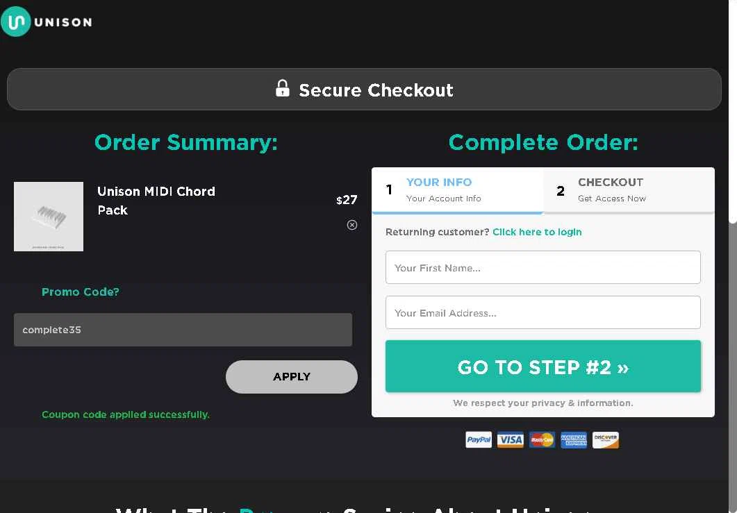 Unison Audio checkout page showing Unison Audio promo code box | Screenshot taken by SimplyCodes community member on Jan 22, 2026