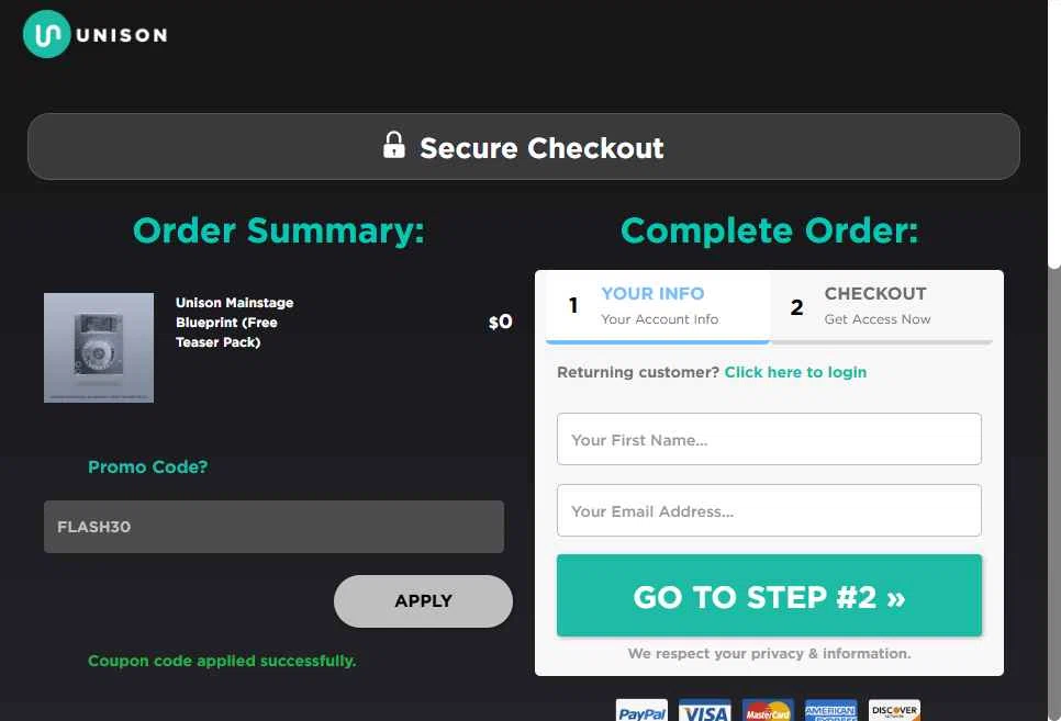 Unison Audio checkout page showing Unison Audio promo code box | Screenshot taken by SimplyCodes community member on Dec 10, 2025