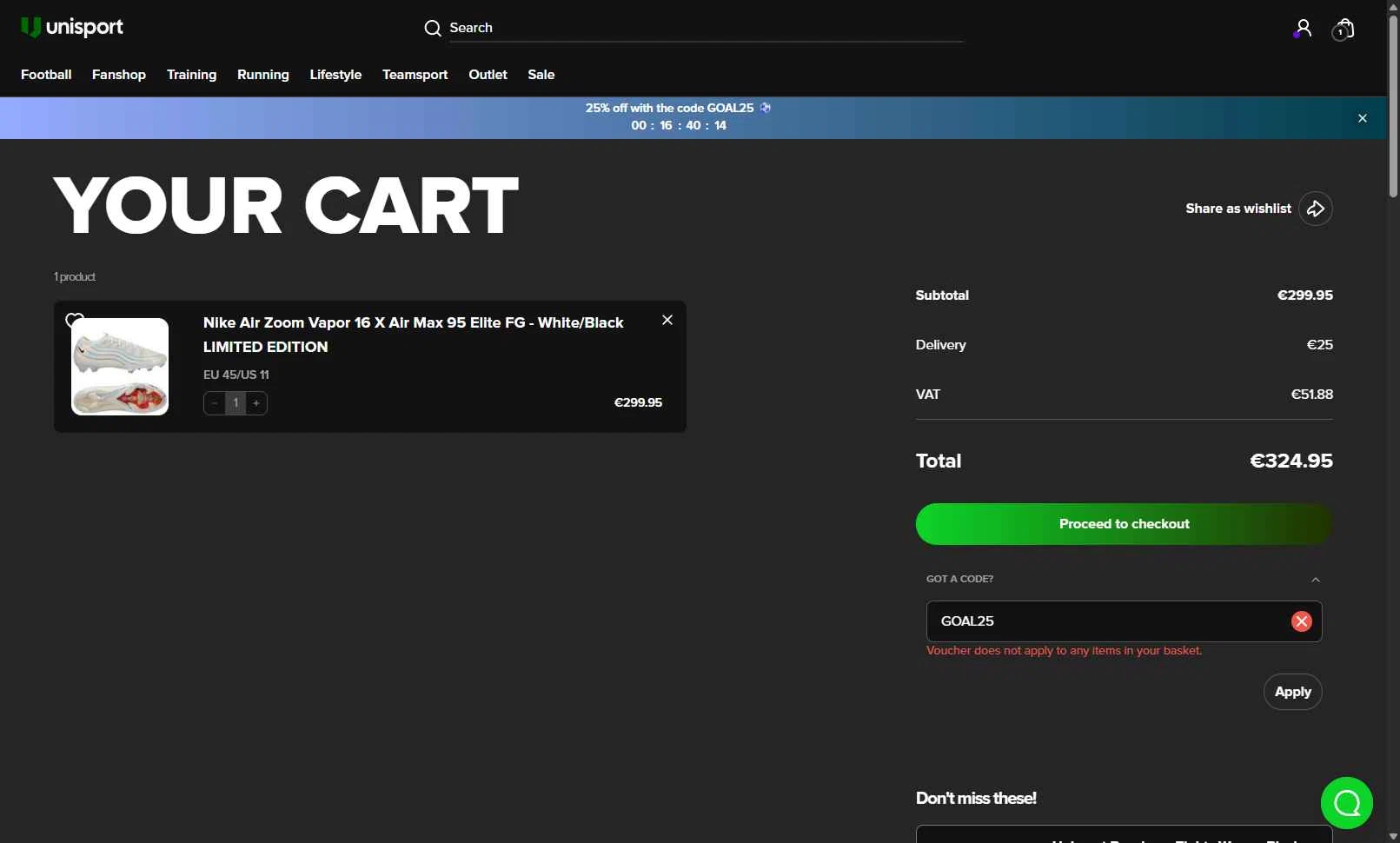 Unisportstore.com checkout page showing Unisportstore.com discount code box | Screenshot taken by SimplyCodes community member on Nov 16, 2025